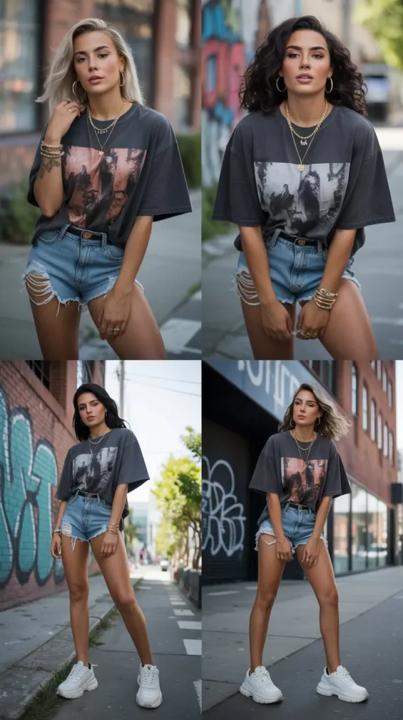 Oversized Graphic Tee With Denim Shorts