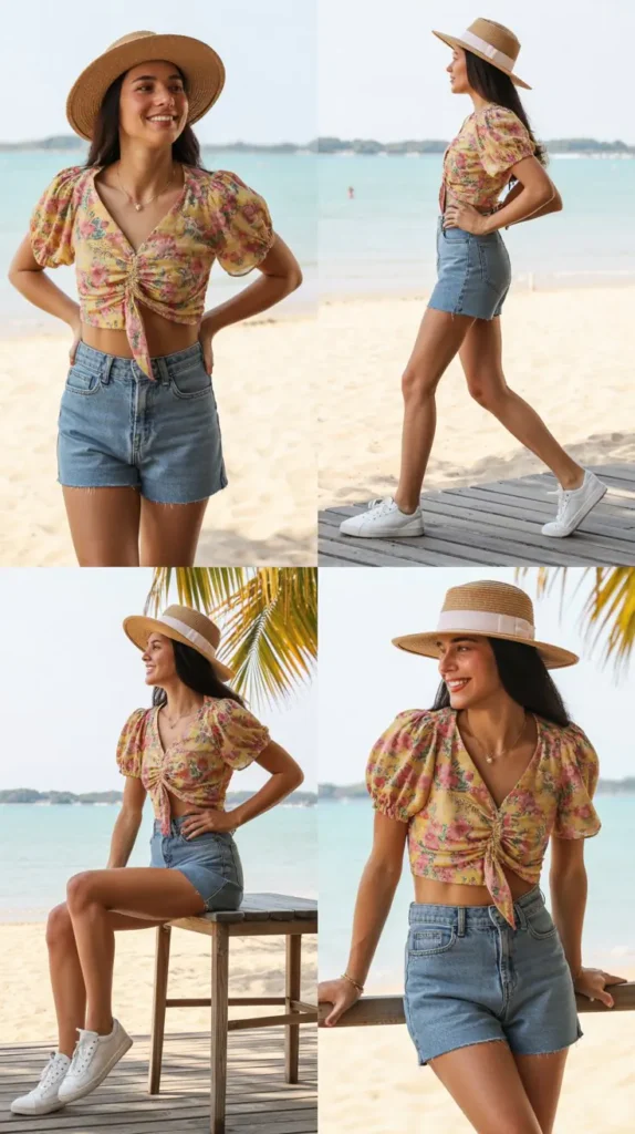 Floral Crop Top With Denim Shorts