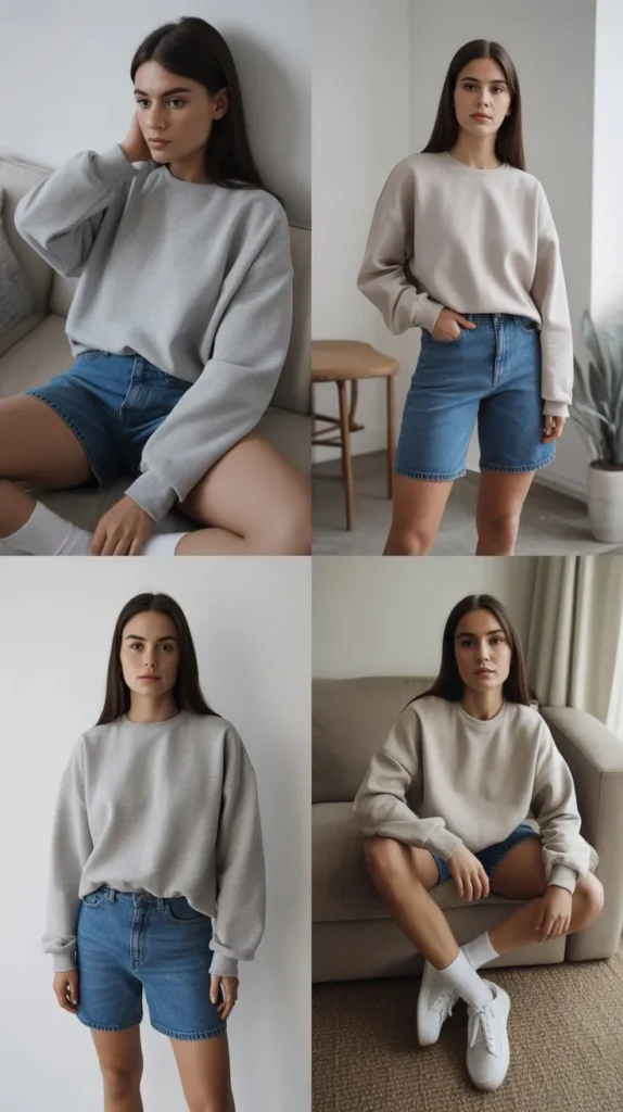 Monochrome Sweatshirt and Denim Shorts Outfit