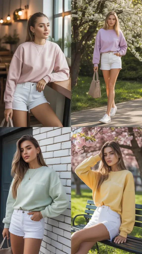 Pastel Sweatshirt With White Jean Shorts