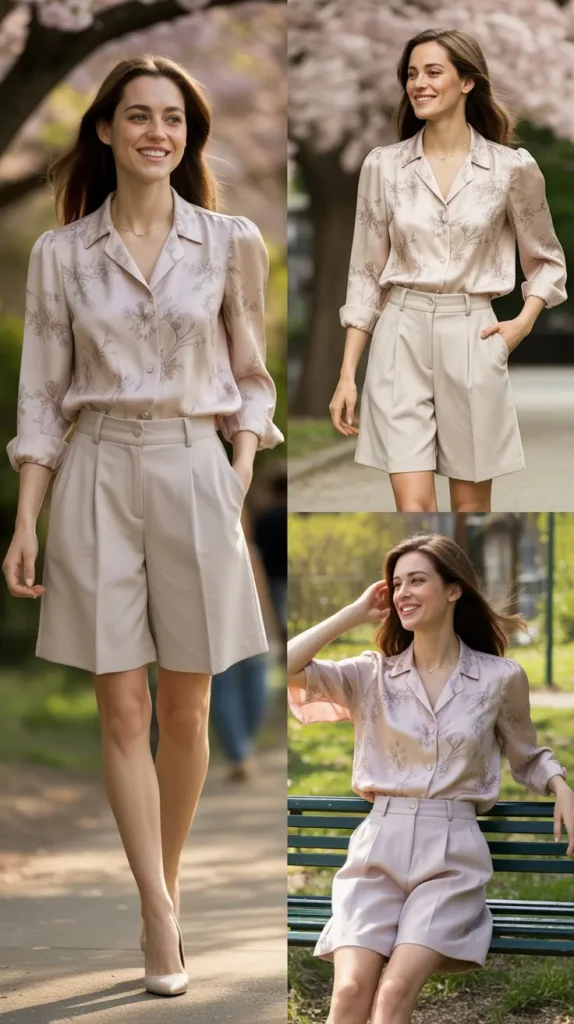  Floral Blouse with Tailored Shorts