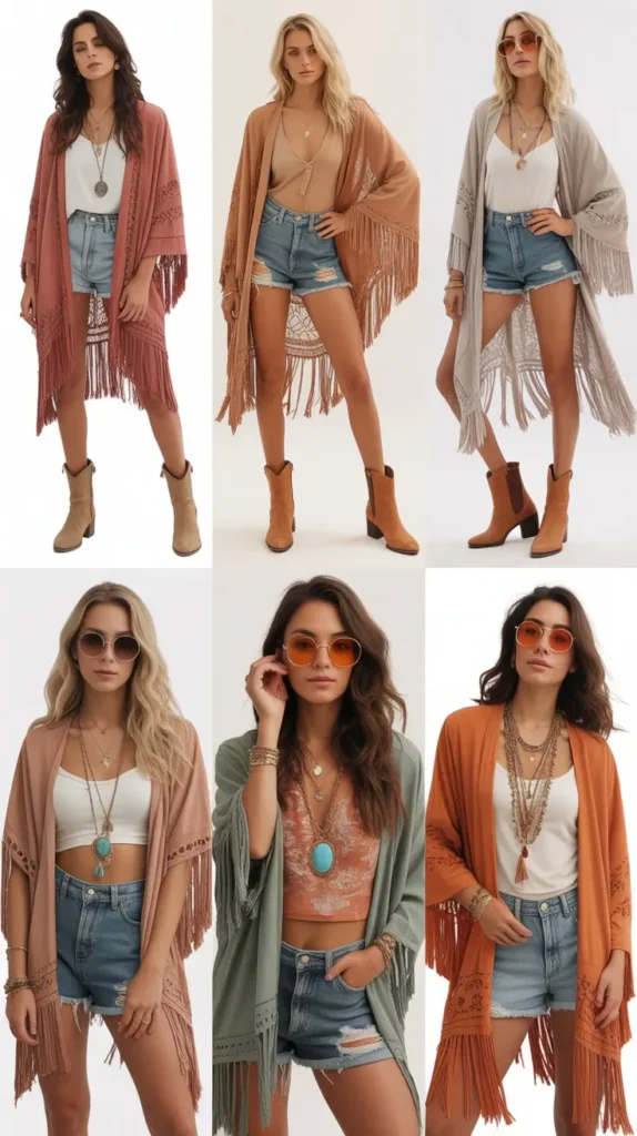 Fringe Kimono with Denim Shorts