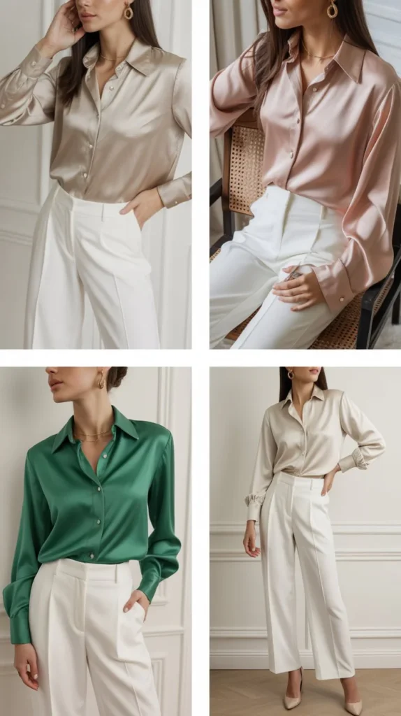 Satin Blouse with White Pants
