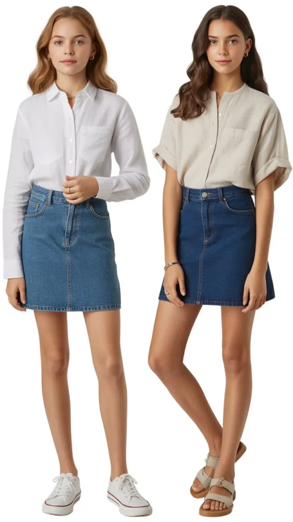 Linen Shirt With Denim Skirt