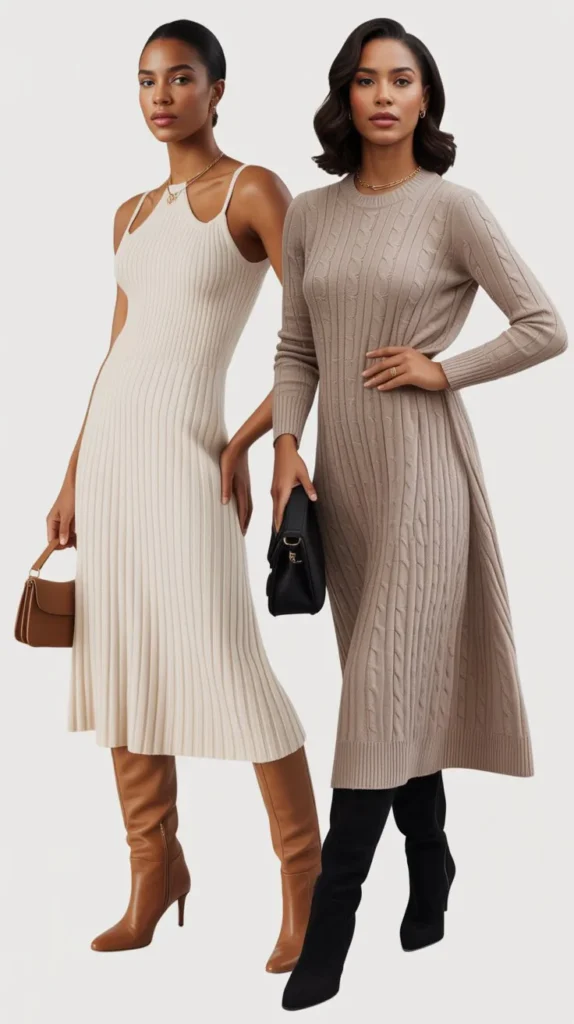 Neutral Knit Dress With Boots