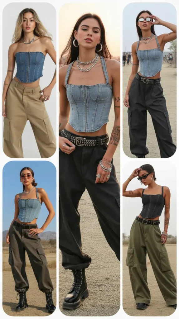 Denim Corset and Cargo Pants