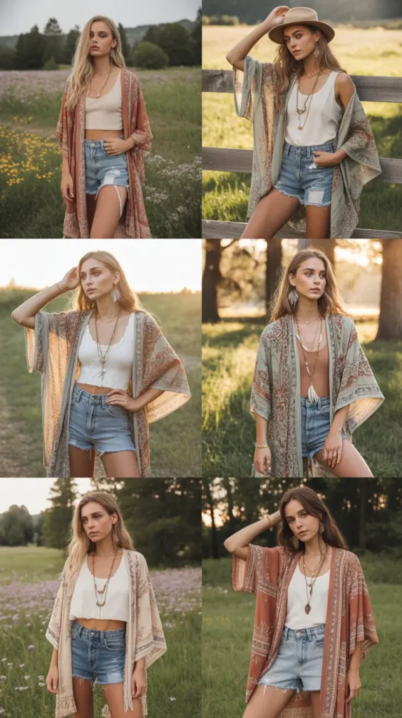 Boho Kimono with Denim Shorts