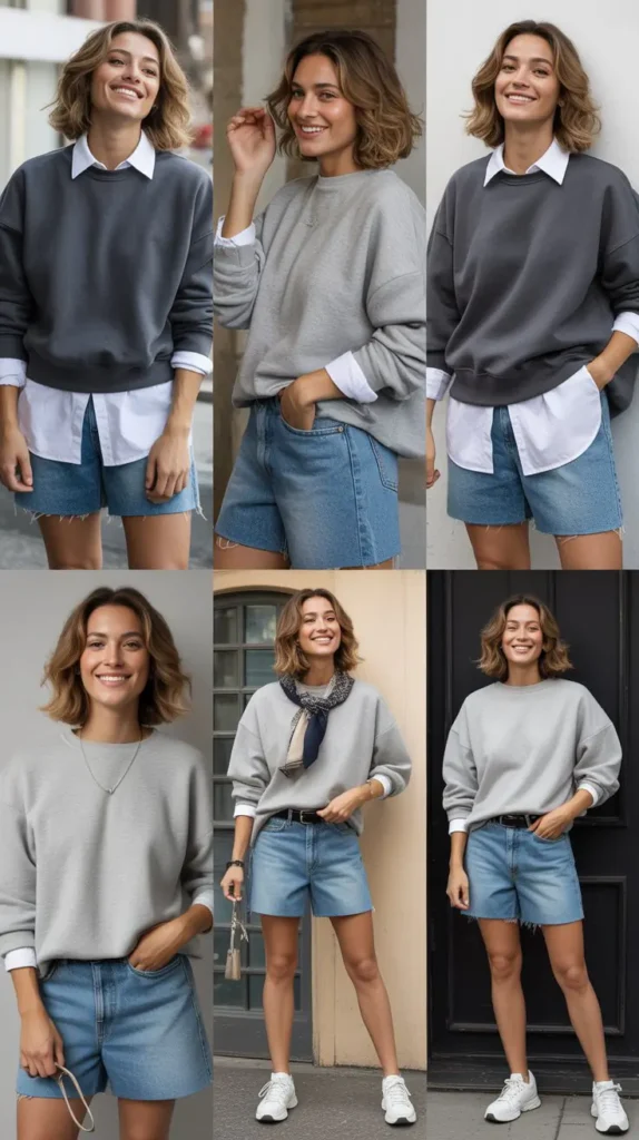 Layered Sweatshirt Outfit With Denim Shorts