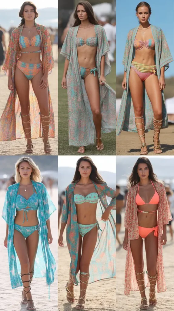 Printed Kimono with Bikini Top