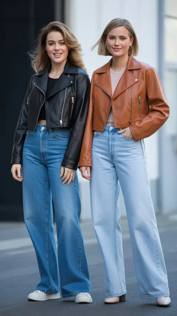Cropped Leather Jacket With Wide Jeans