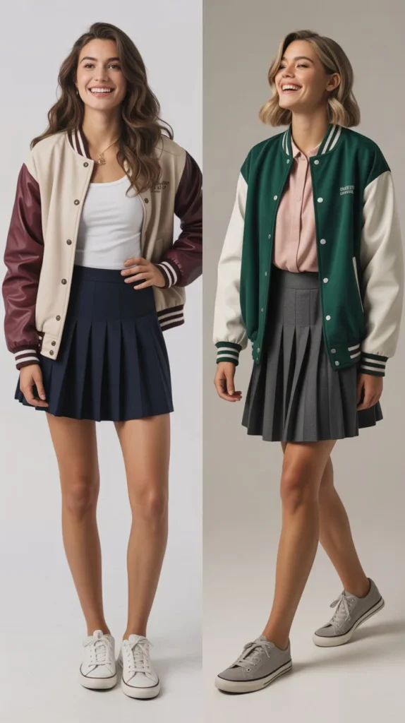 Varsity Jacket With Pleated Skirt