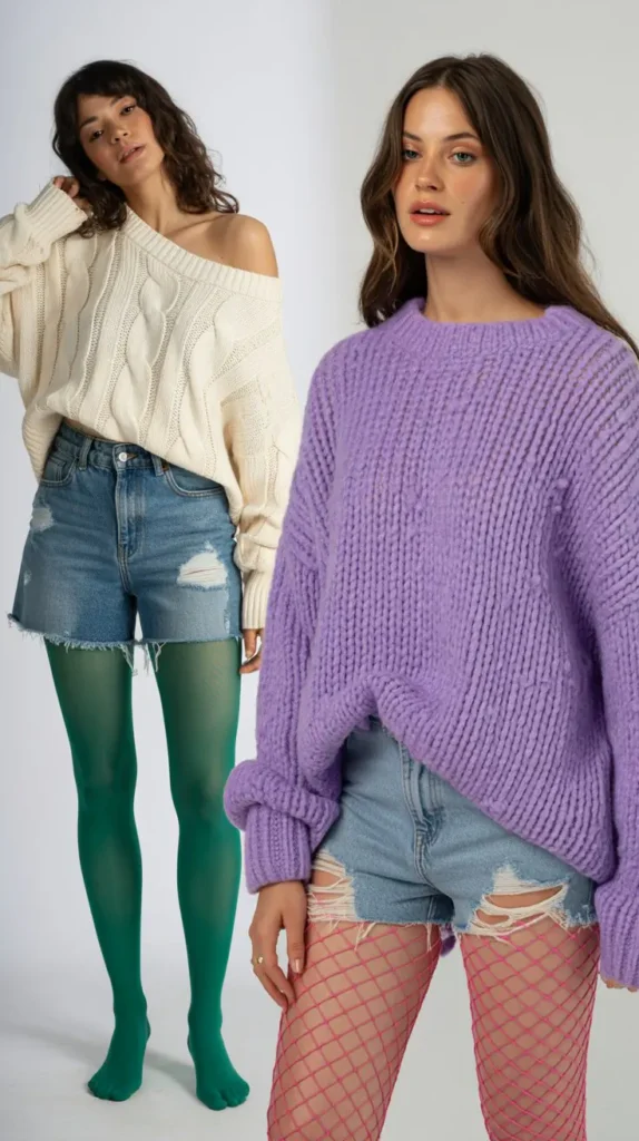 Distressed Shorts With Colored Tights