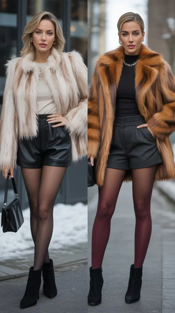 Faux Fur Jacket With Shorts And Tights
