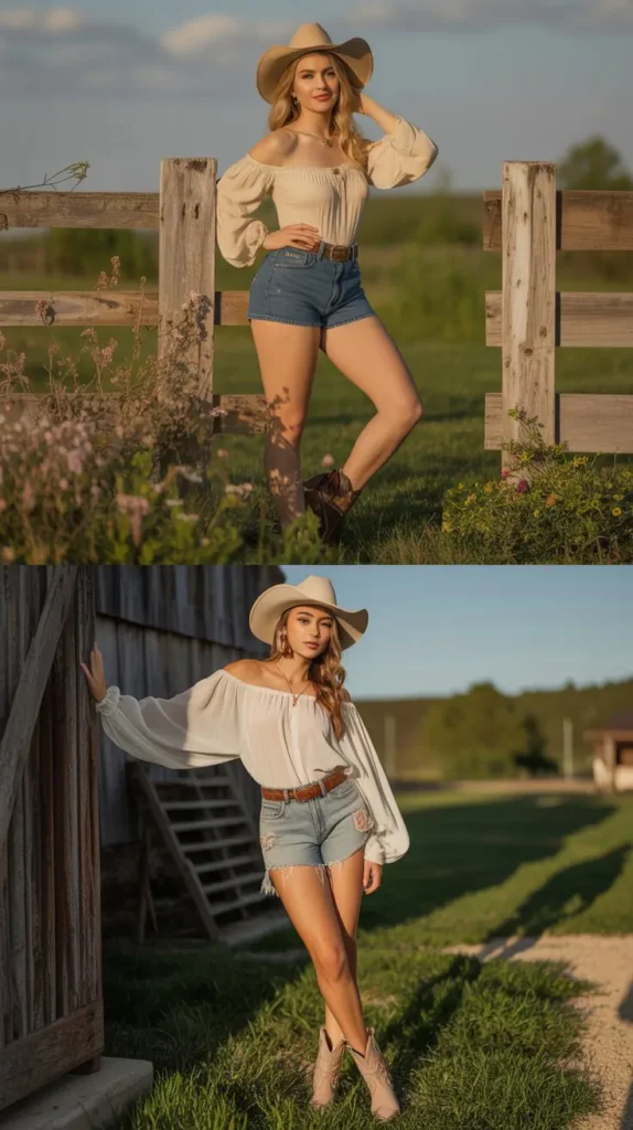  Off-Shoulder Top with Denim Shorts