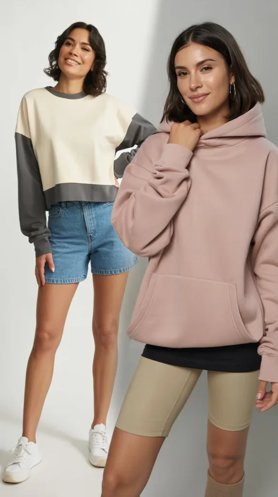 Layered Sweatshirt Outfit With Shorts