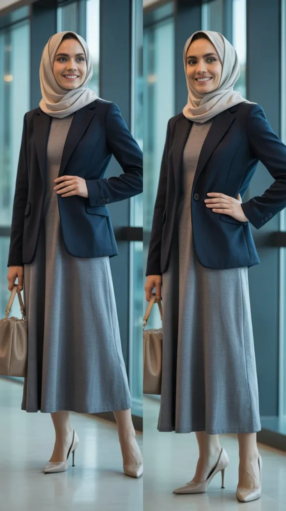  Neutral Knit Dress With Structured Blazer