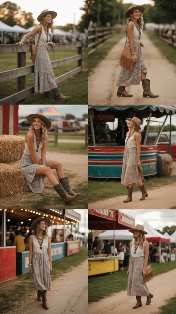 1. Floral Maxi Dress With Cowboy Boots