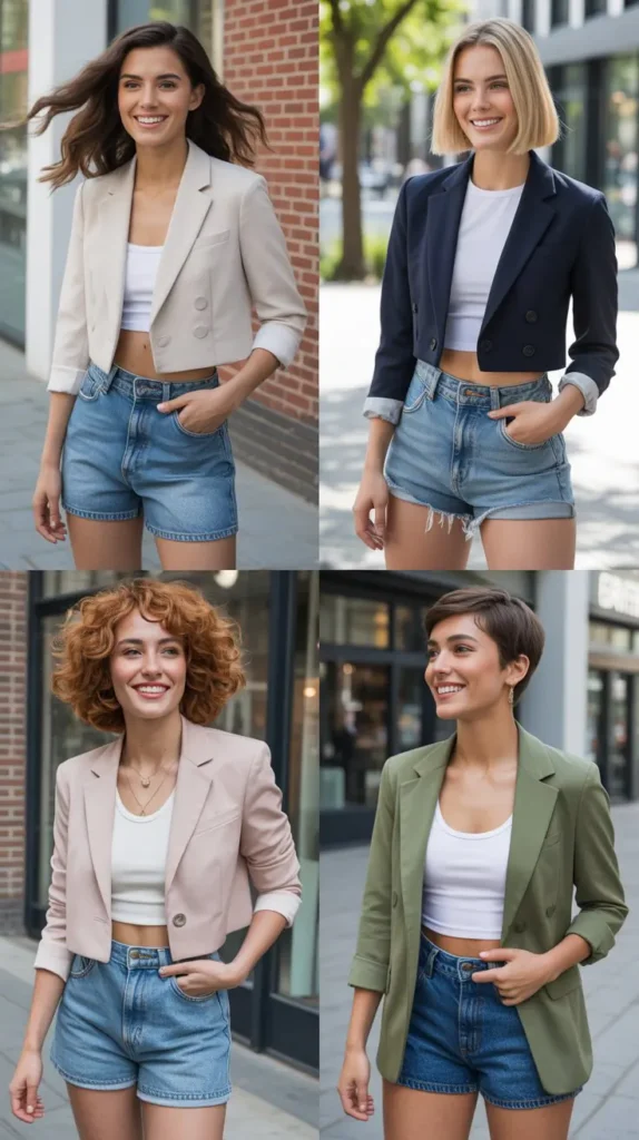 Cropped Blazer with Denim Shorts