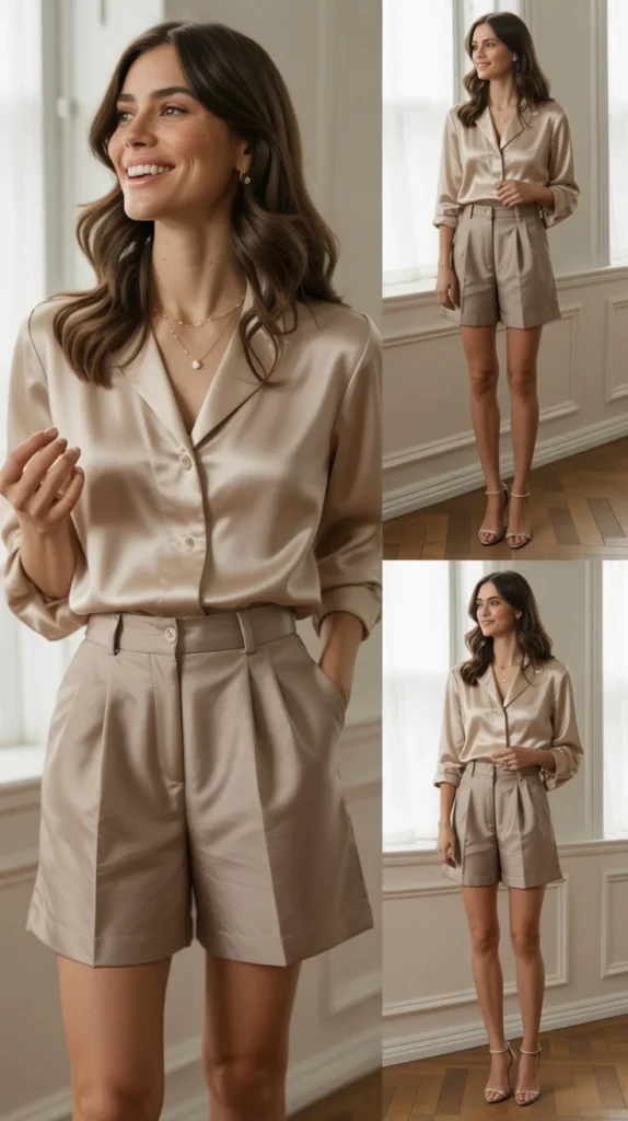  Satin Top with High-Waisted Shorts