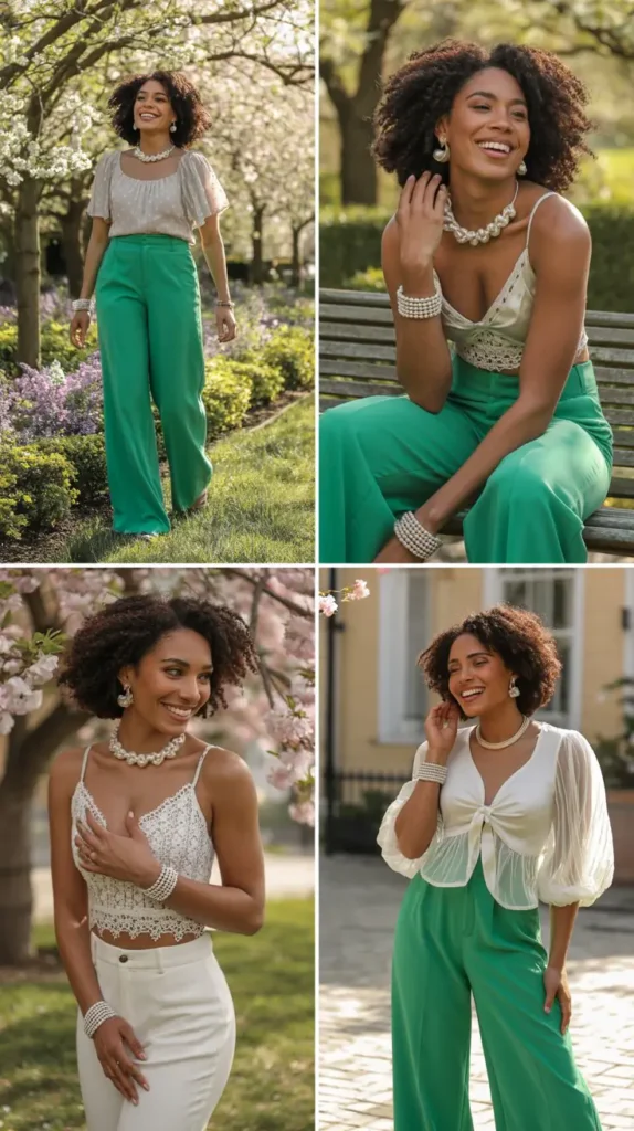 Green Wide-Leg Pants with Lace Top