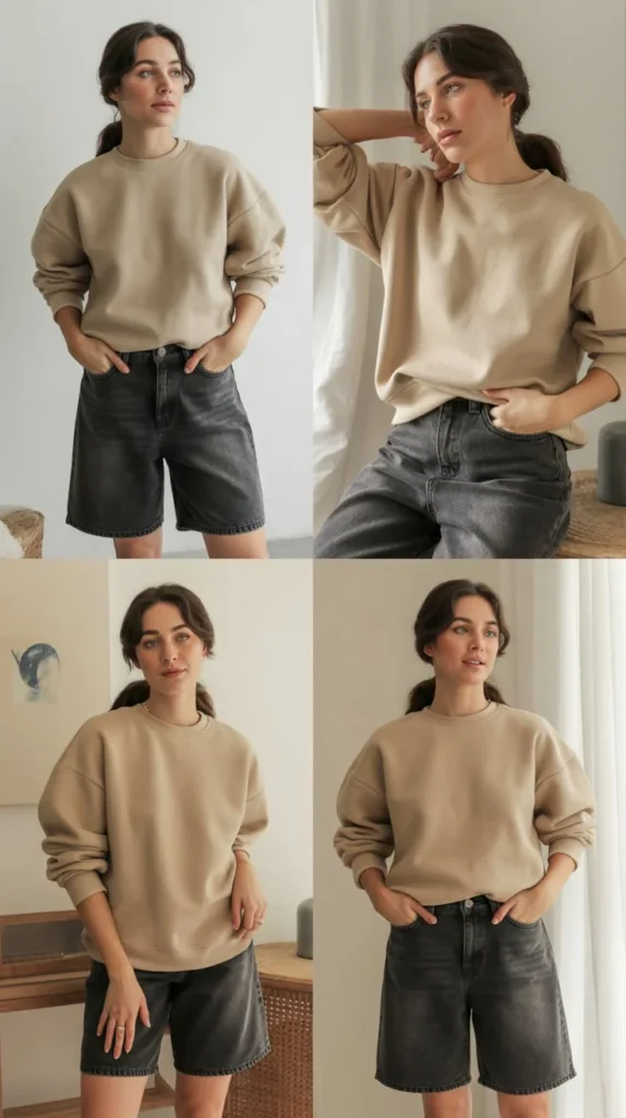 Beige Sweatshirt With Dark Wash Shorts