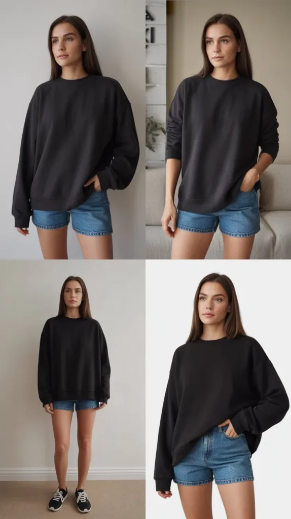 Minimalist Black Sweatshirt With Denim Shorts