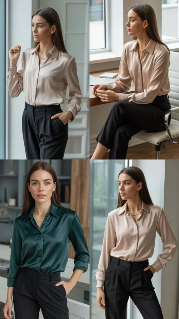 10. Black Trousers With Silk Blouse