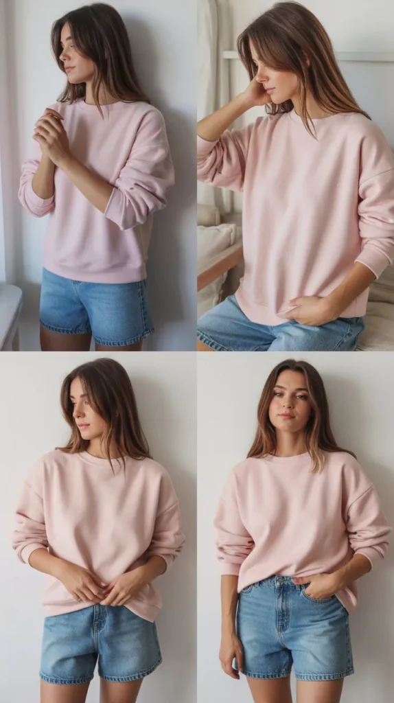 Soft Pink Sweatshirt With Blue Shorts