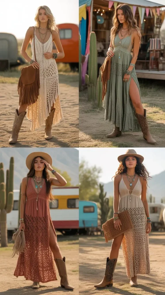 Crochet Maxi Dress with Cowboy Boots