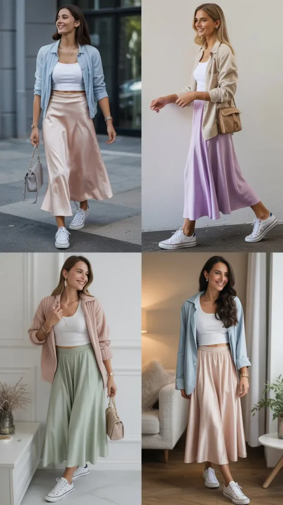 Satin Skirt with Sneakers