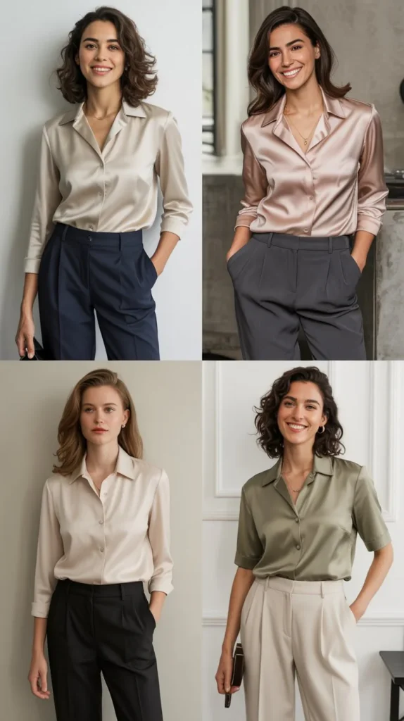 Satin Blouse with High-Waisted Trousers