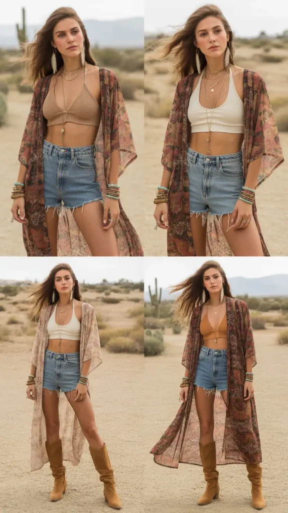 Boho Kimono with Denim Shorts