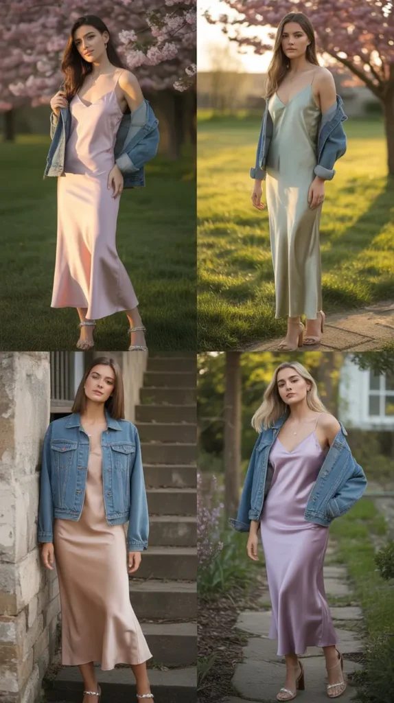 Satin Slip Dress with Denim Jacket