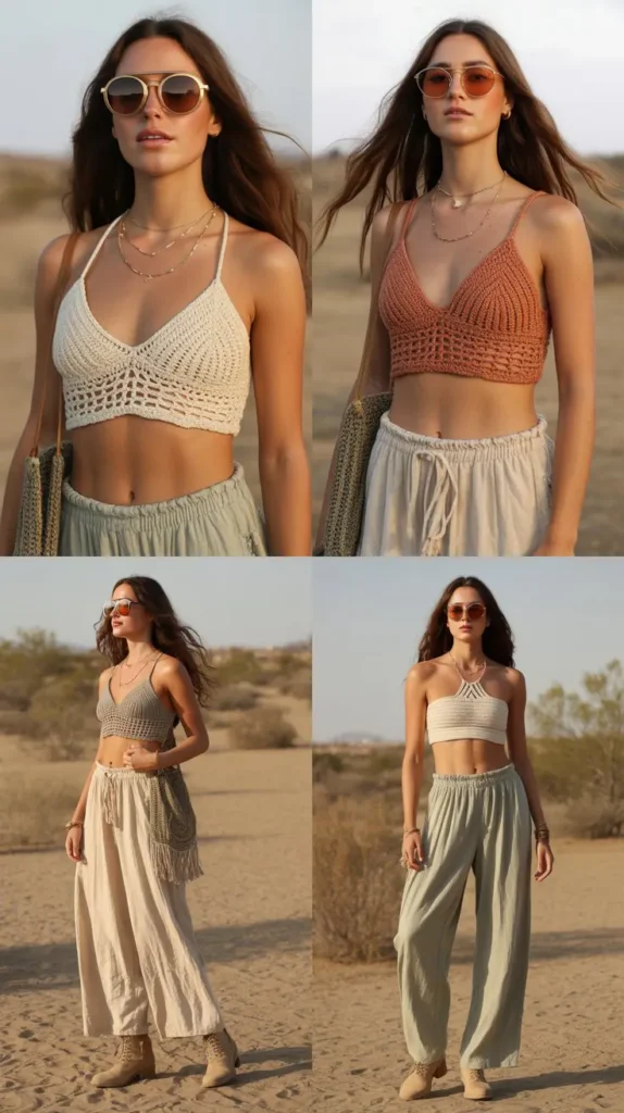 Crochet Crop Top with Wide-Leg Pants