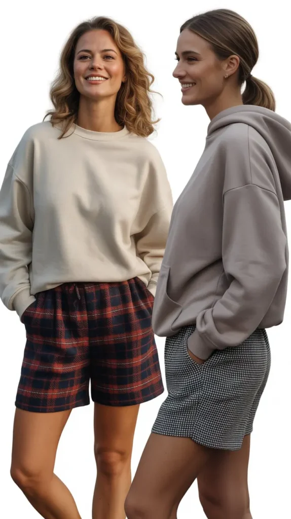 Plaid Shorts With Neutral Sweatshirt