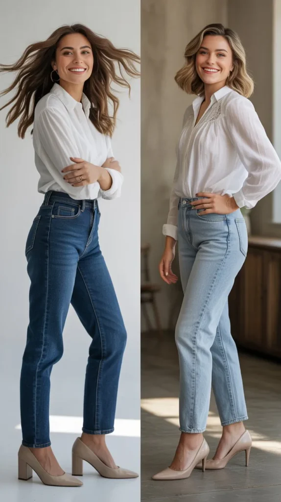 White Blouse with High-Waisted Jeans