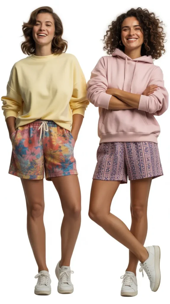 Printed Shorts With Plain Sweatshirt
