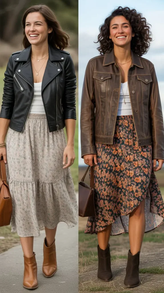 Leather Jacket with Floral Skirt