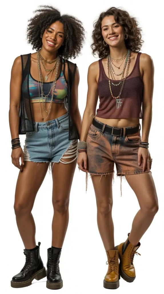  Mesh Top With Denim Shorts