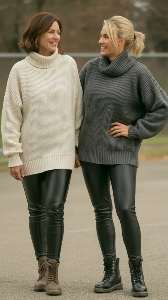  Turtleneck Sweater with Leather Leggings