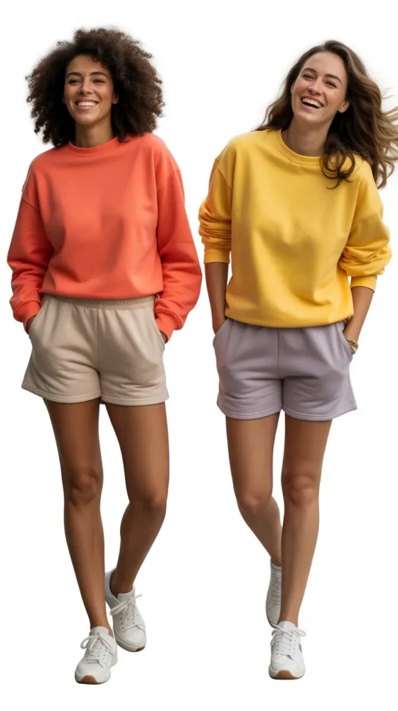 Bright Sweatshirt With Neutral Shorts