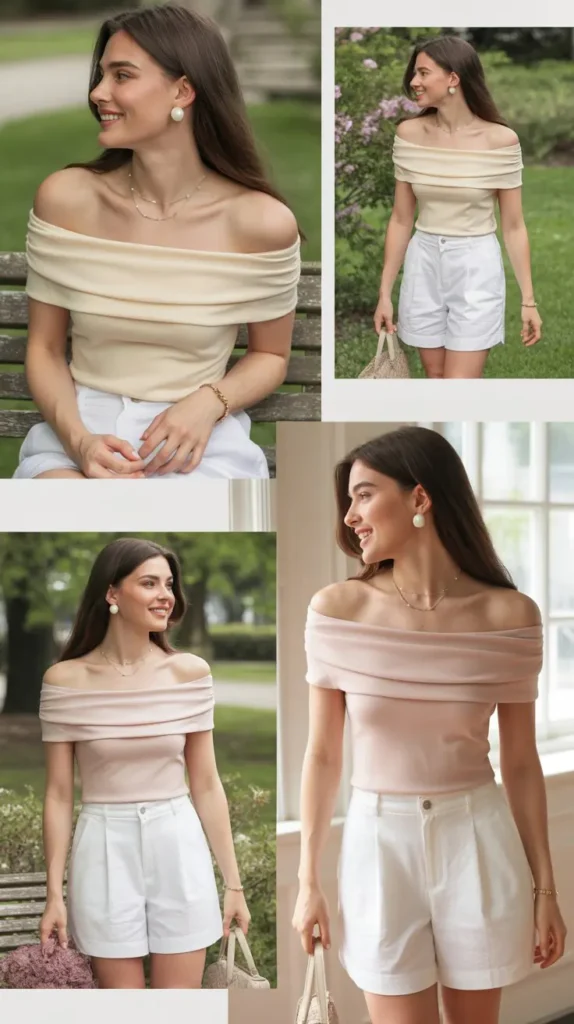 Off-Shoulder Top with White Shorts