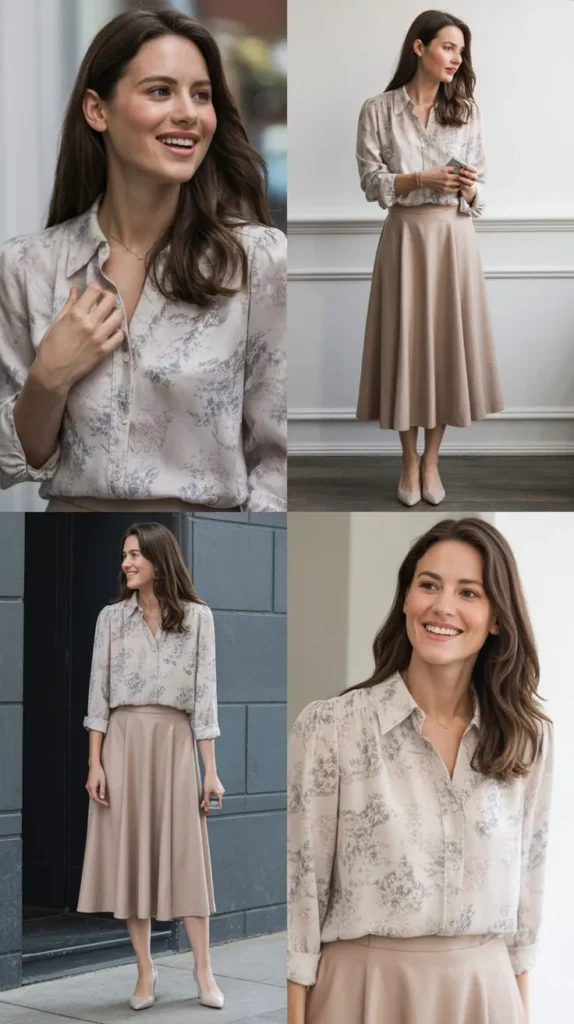 14. Floral Blouse with Neutral Skirt