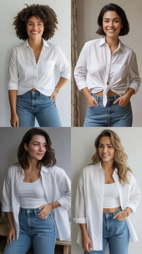 White Button-Down Shirt With Mom Jeans
