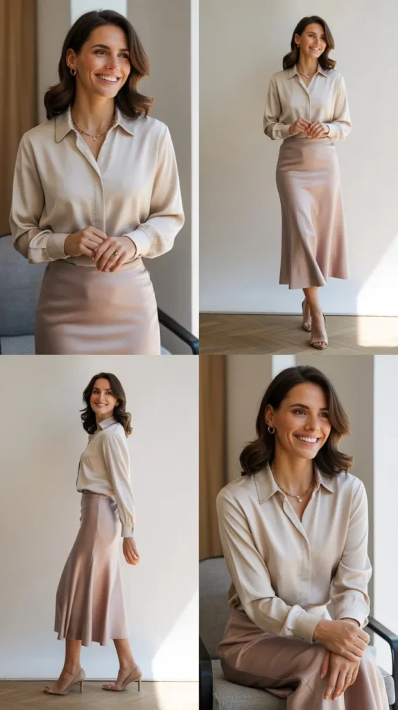 Silk Blouse with Midi Skirt