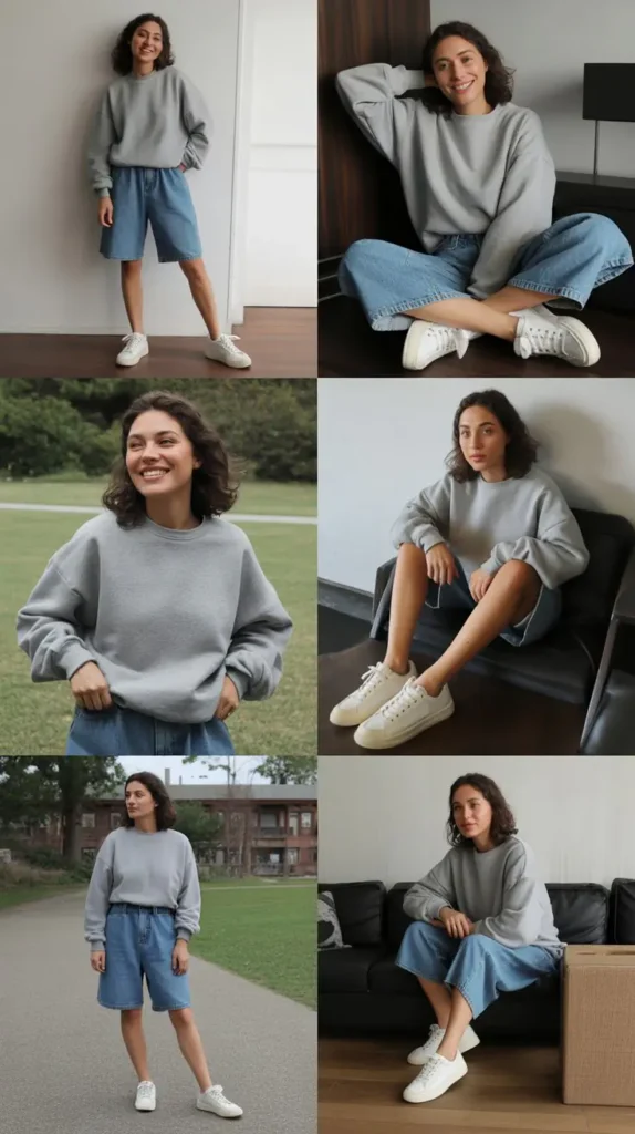 Gray Sweatshirt With Blue Jean Shorts