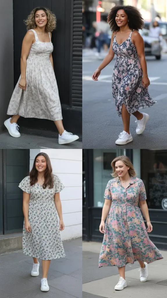 Floral Midi Dress With White Sneakers