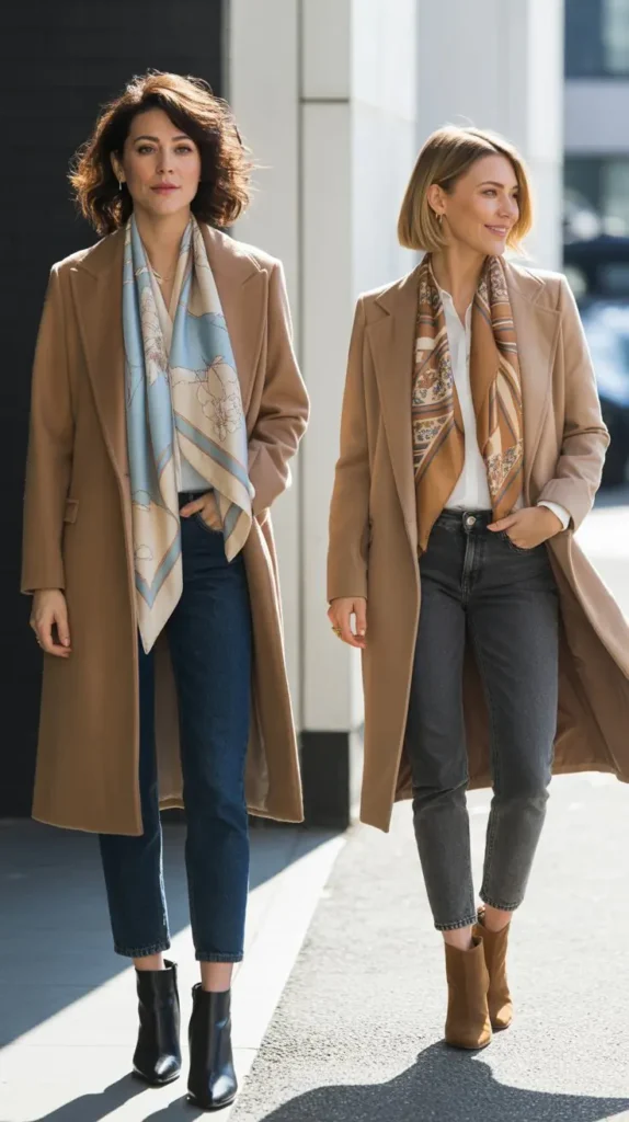 Printed Scarf With a Camel Coat and Dark Jeans