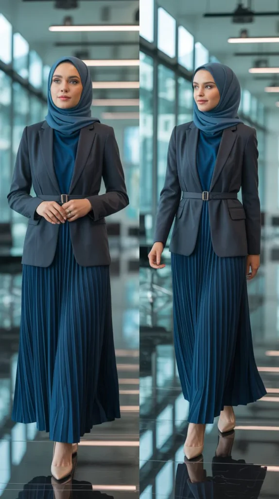  Pleated Maxi Dress With Belted Blazer