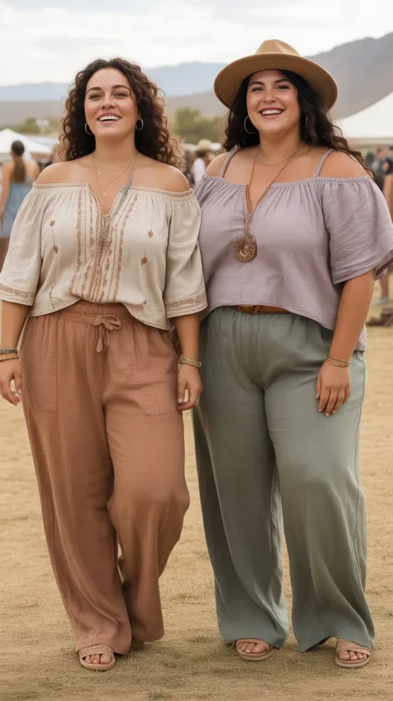 Off-Shoulder Peasant Blouse with Linen Trousers